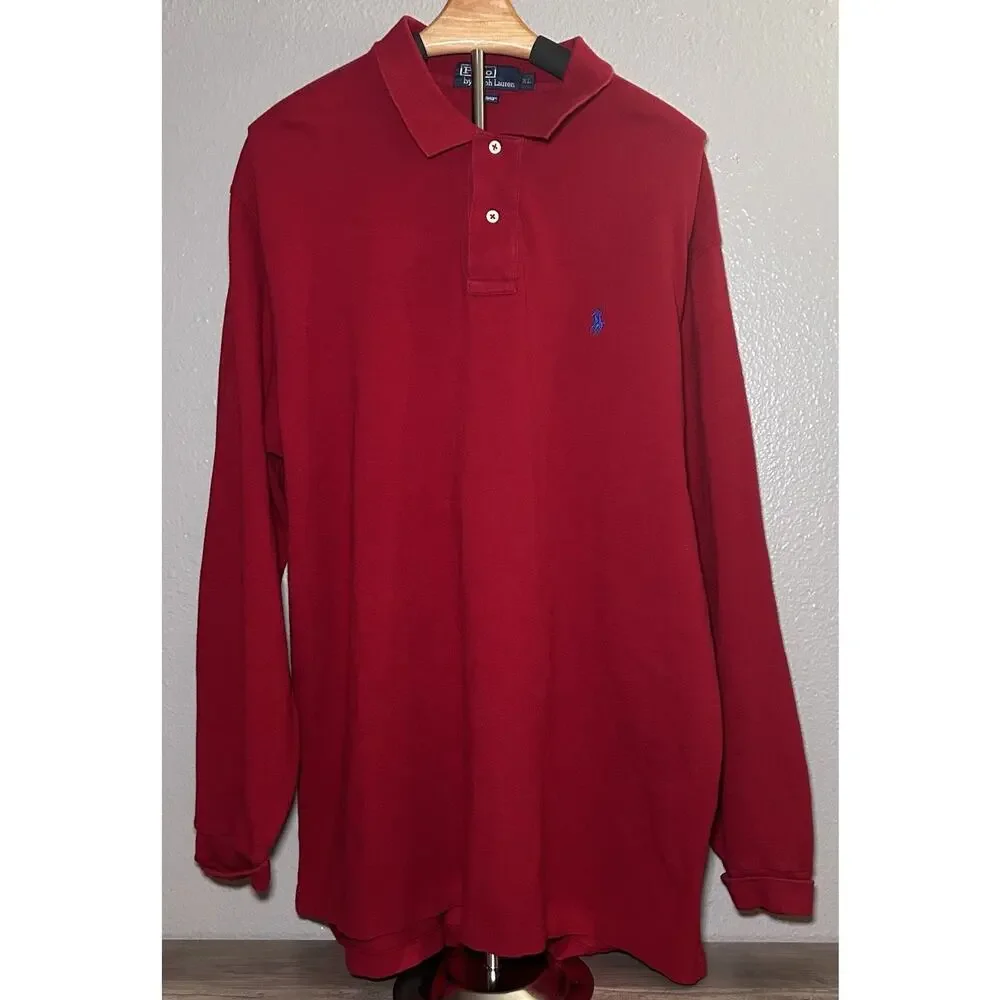 Polo Ralph Lauren Polo Shirt Long Sleeve 100 % Cotton Red Men's Extra Large